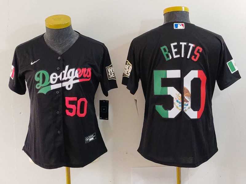 Womens Los Angeles Dodgers #50 Mookie Betts Number Mexico Black Cool Base Stitched Jersey